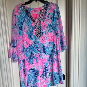 Lilly Pulitzer Pink and Blue Floral Dress with Embellished Neckline